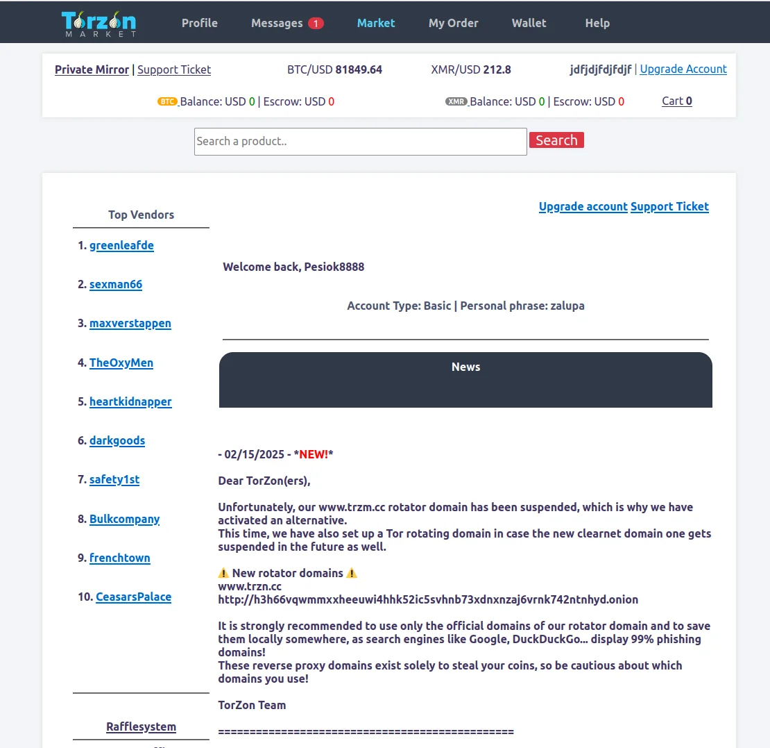 Torzon Market Advanced Homepage Interface for Anonymous Trading
